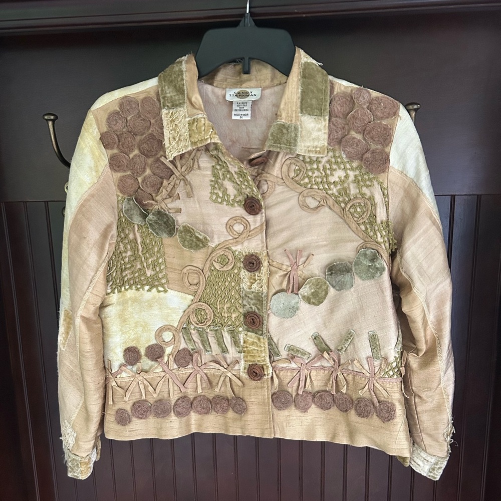 SANDY STARKMAN Silk Patchwork 3D Applique Jacket Art Wear Lagenlook Funky Size M - Picture 3 of 16